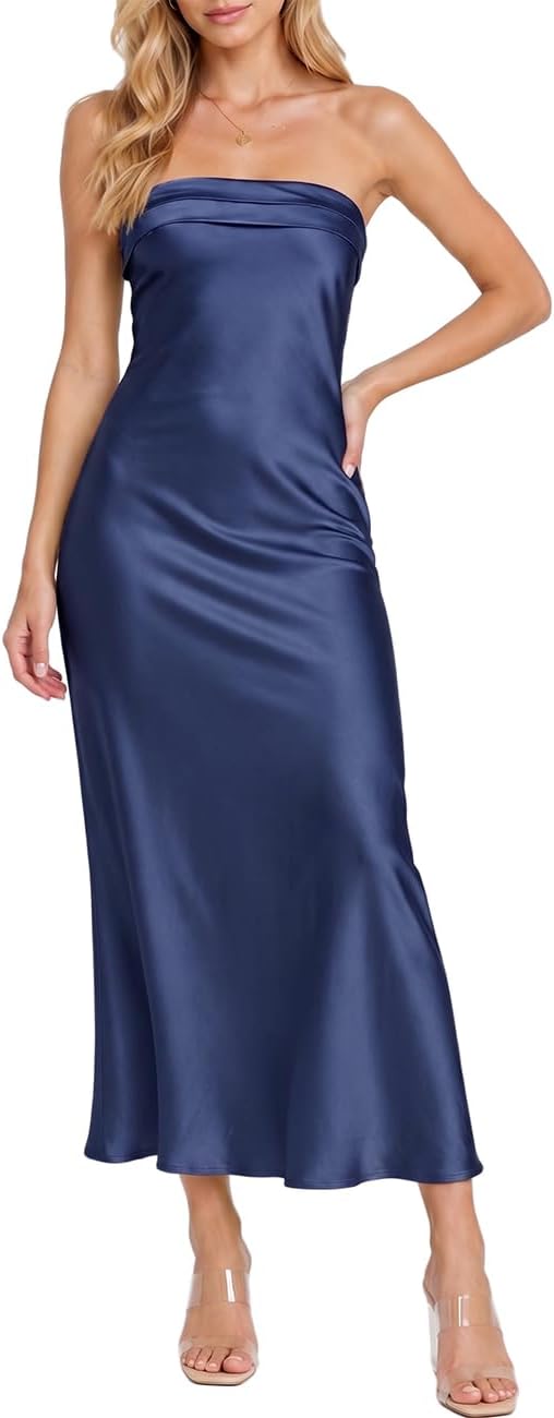Satin Strapless Maxi Dress in Navy