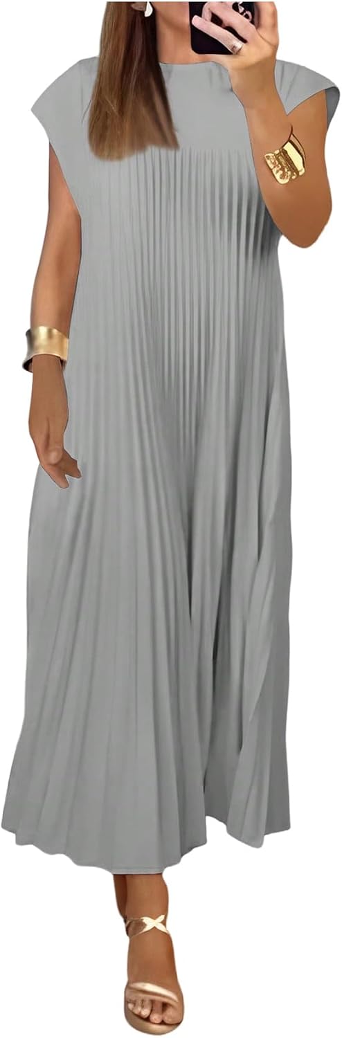GORGLITTER Women's Pleated Maxi Dresses Church Casual Wedding Guest Outfits | Flowy, Chiffon, Summer Casual, Womens Dress, Cocktail Going Out Dress for Women