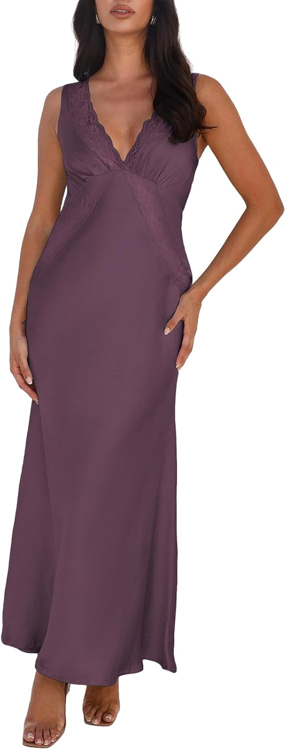 BAGONE Summer Satin Lace V Neck Backless Formal Wedding Guest Maxi Dresses | Silk,Open Back,Sleeveless,Elegant,Cocktail,Bridesmaid,Baby Shower,Party,Prom,Birthday,Vacation,Summer Dresses for Women 2026