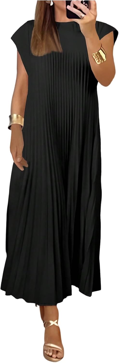 GORGLITTER Women's Pleated Maxi Dresses Church Casual Wedding Guest Outfits | Flowy, Chiffon, Summer Casual, Womens Dress, Cocktail Going Out Dress for Women