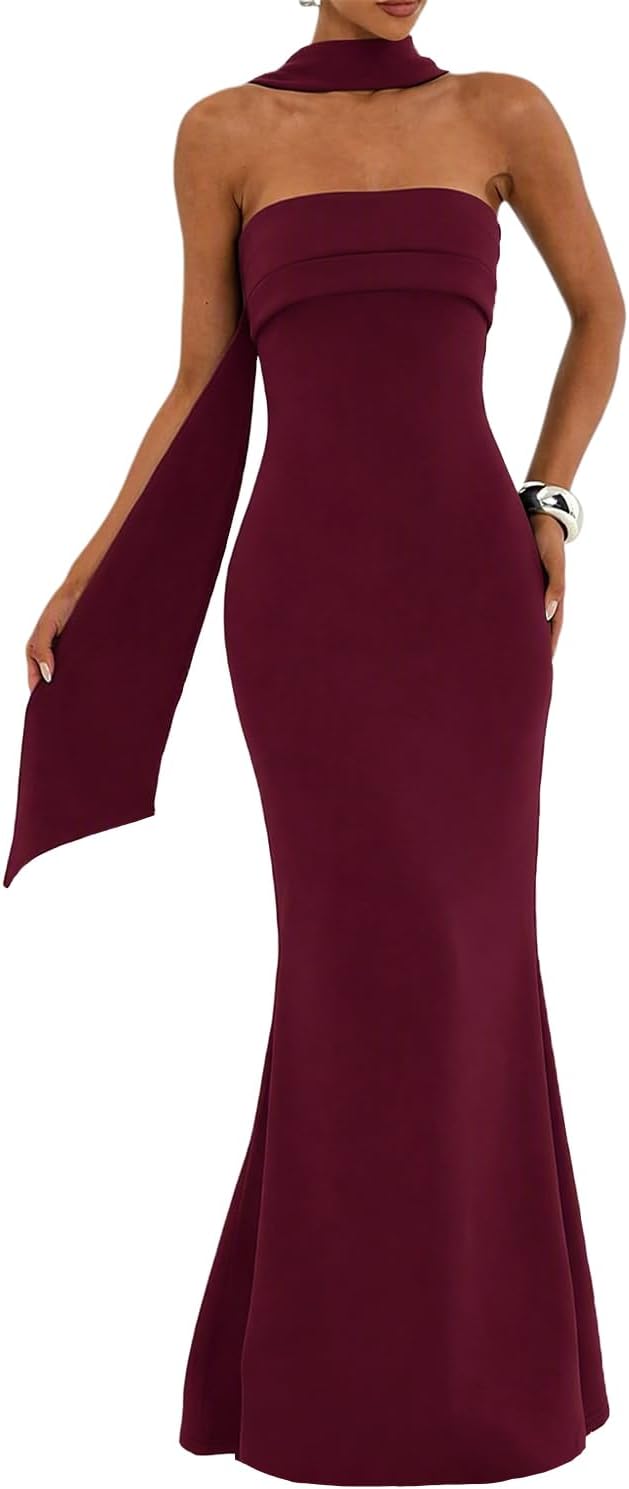 Strapless Bodycon Maxi Dress in Burgundy