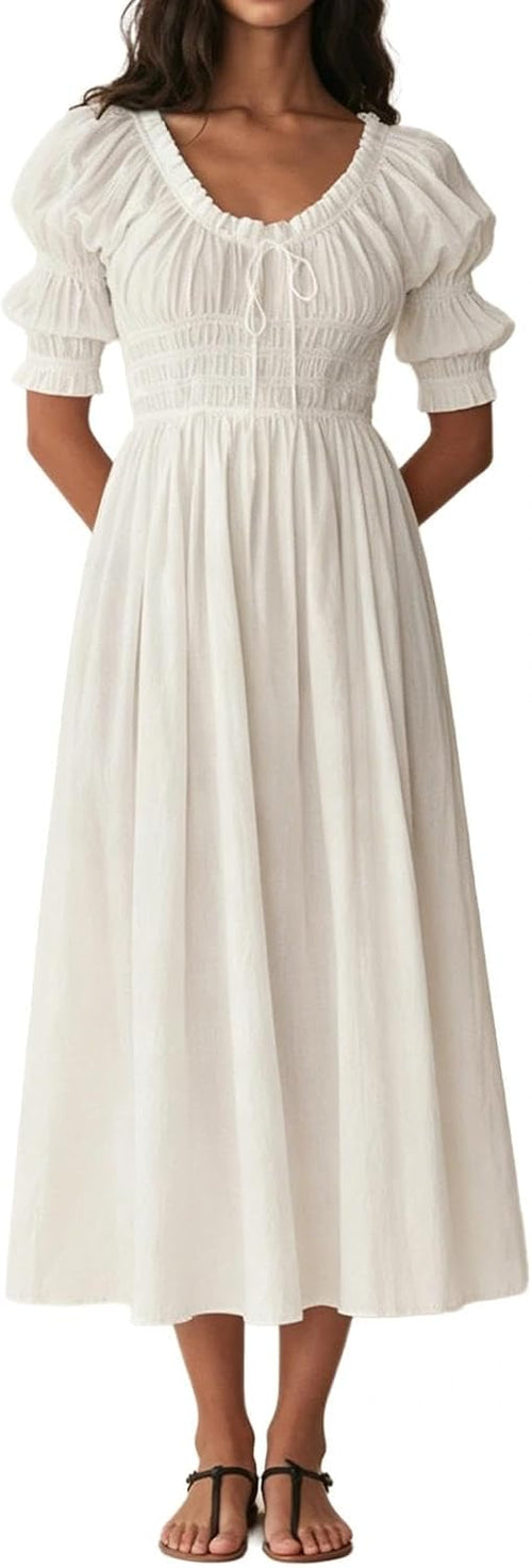 ABYOVRT Women Smocked Dresses Puff Sleeve Off Shoulder Flowy Midi Dress Baby Shower Summer Fall