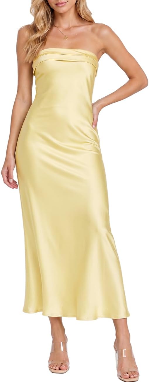 Satin Strapless Maxi Dress in Goose Yellow