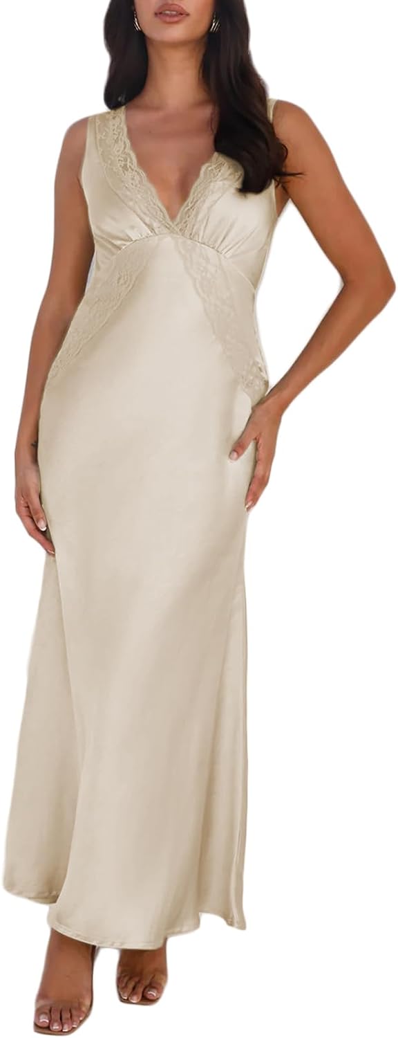 BAGONE Summer Satin Lace V Neck Backless Formal Wedding Guest Maxi Dresses | Silk,Open Back,Sleeveless,Elegant,Cocktail,Bridesmaid,Baby Shower,Party,Prom,Birthday,Vacation,Summer Dresses for Women 2026