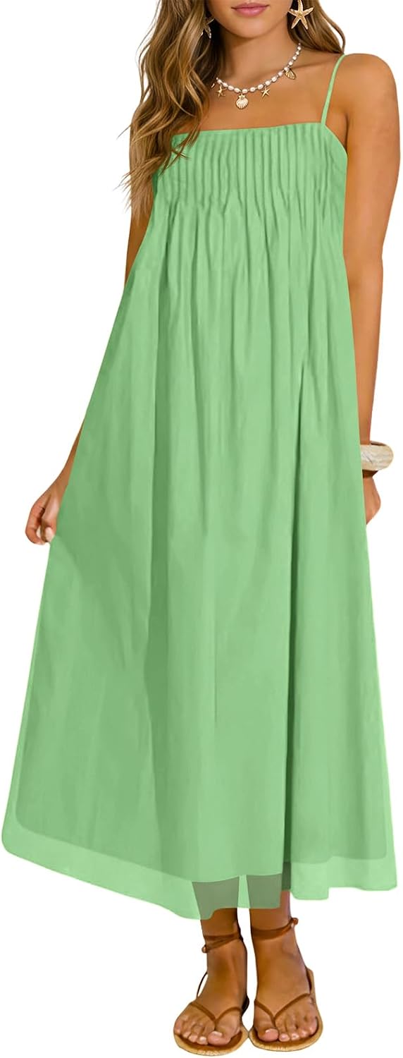 Wenrine Women's Summer Boho Maxi Dresses Spaghetti Straps Chiffon Sundress | Beach Vacation, Flowy, Linen, Casual, Loose, Pleated, Sleeveless, Midi Long Dress with Pockets