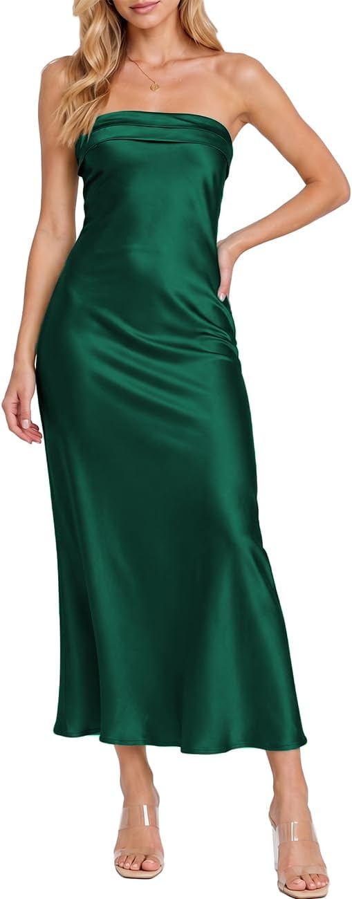 Realtix Summer Satin Strapless Backless Maxi Dress for Women Wedding Guest | Sexy,Silk,Low Back,Hollow Out,Open Back,Elegant,Tube,Cocktail Party,Semi Formal,Birthday,Date Night,vacation,Long Dress