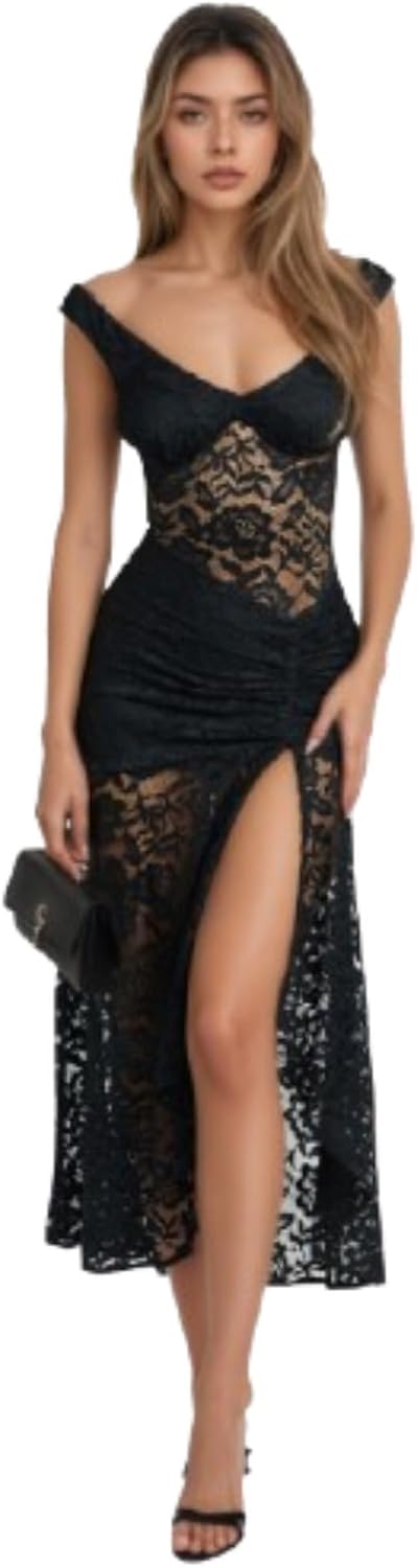 OCUH Black Lace Dress Sheer Maxi Dresses Sexy Outfit for Women Going Out High Slit Skirt Bodycon Vacation Party Wear