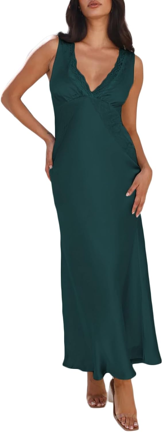 BAGONE Summer Satin Lace V Neck Backless Formal Wedding Guest Maxi Dresses | Silk,Open Back,Sleeveless,Elegant,Cocktail,Bridesmaid,Baby Shower,Party,Prom,Birthday,Vacation,Summer Dresses for Women 2026
