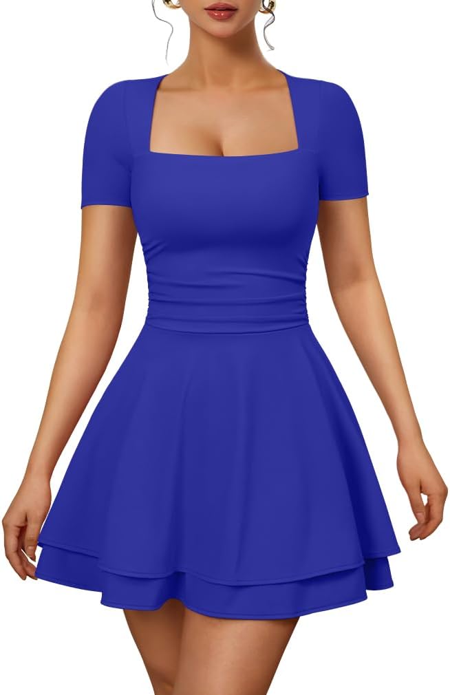 Square-Neck Short-Sleeve Tiered Mini Dress in Royal Blue