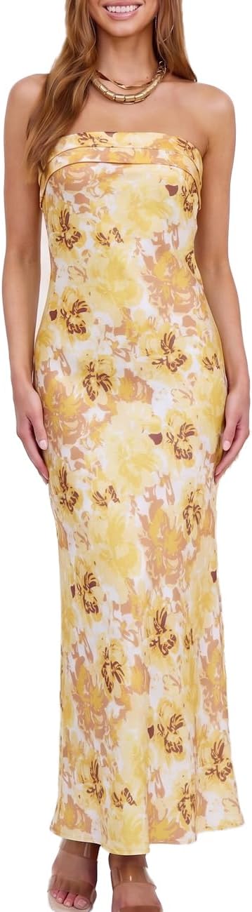 Realtix Summer Satin Strapless Backless Maxi Dress for Women Wedding Guest | Sexy,Silk,Low Back,Hollow Out,Open Back,Elegant,Tube,Cocktail Party,Semi Formal,Birthday,Date Night,vacation,Long Dress