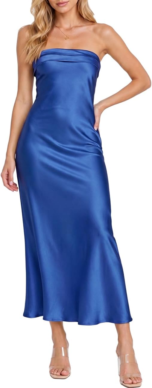 Realtix Summer Satin Strapless Backless Maxi Dress for Women Wedding Guest | Sexy,Silk,Low Back,Hollow Out,Open Back,Elegant,Tube,Cocktail Party,Semi Formal,Birthday,Date Night,vacation,Long Dress