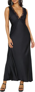 BAGONE Summer Satin Lace V Neck Backless Formal Wedding Guest Maxi Dresses | Silk,Open Back,Sleeveless,Elegant,Cocktail,Bridesmaid,Baby Shower,Party,Prom,Birthday,Vacation,Summer Dresses for Women 2026