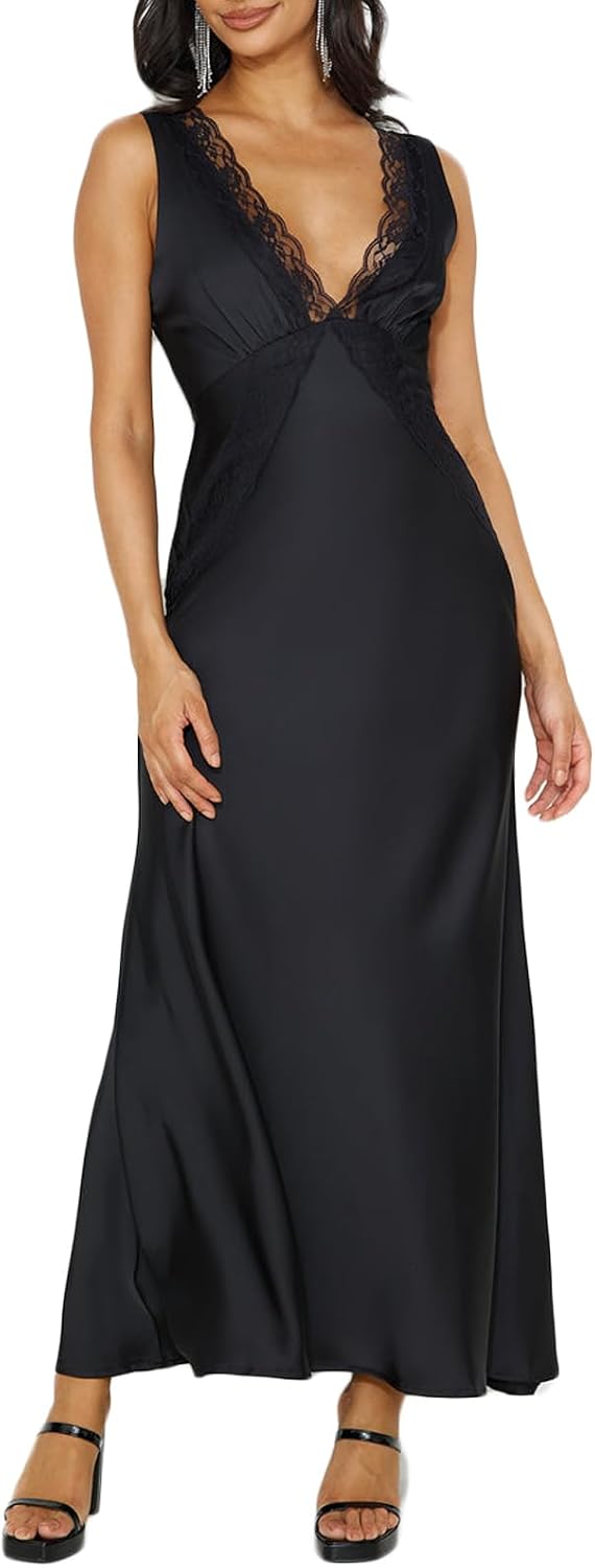 BAGONE Summer Satin Lace V Neck Backless Formal Wedding Guest Maxi Dresses | Silk,Open Back,Sleeveless,Elegant,Cocktail,Bridesmaid,Baby Shower,Party,Prom,Birthday,Vacation,Summer Dresses for Women 2026