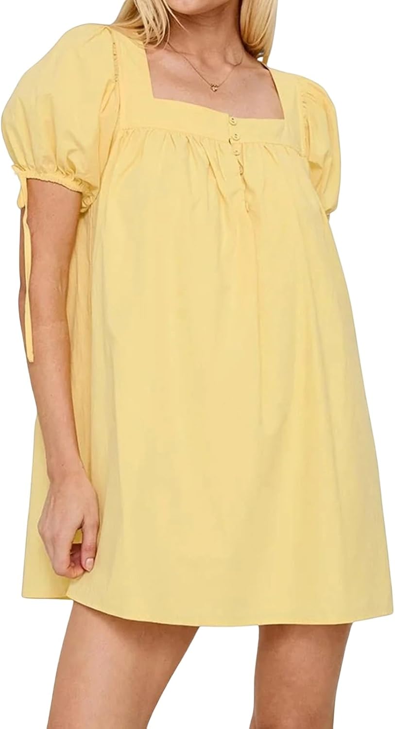 QLQLWDD Women Square Neck Babydoll Mini Dress Y2k Puff Sleeve Flowy Short Dress Loose Bow Tie Ruffle Trim Going Out Sundress