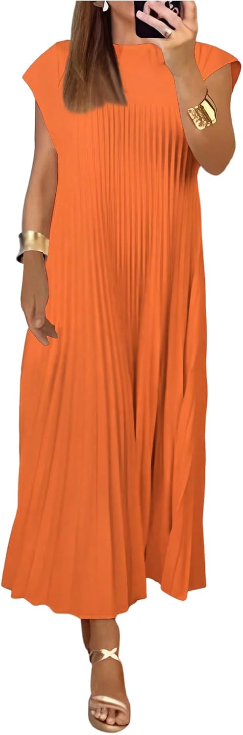 GORGLITTER Women's Pleated Maxi Dresses Church Casual Wedding Guest Outfits | Flowy, Chiffon, Summer Casual, Womens Dress, Cocktail Going Out Dress for Women