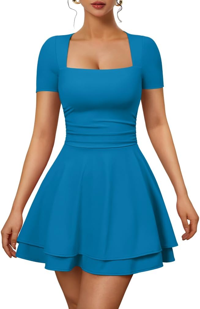 Square-Neck Short-Sleeve Tiered Mini Dress in Fresh Blue