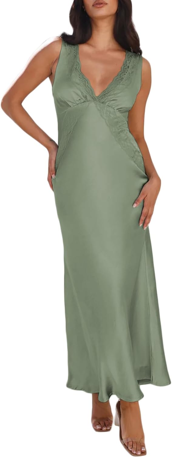 BAGONE Summer Satin Lace V Neck Backless Formal Wedding Guest Maxi Dresses | Silk,Open Back,Sleeveless,Elegant,Cocktail,Bridesmaid,Baby Shower,Party,Prom,Birthday,Vacation,Summer Dresses for Women 2026