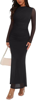 REORIA Women's Long Sleeve Wedding Guest Maxi Dresses | Mock Neck,Sheer Mesh,Slim Fit,Ruched,Bodycon,Formal,Elegant Long Dress,Cocktail,Club Nightout,2026 Fall Winter,Trendy Clothes