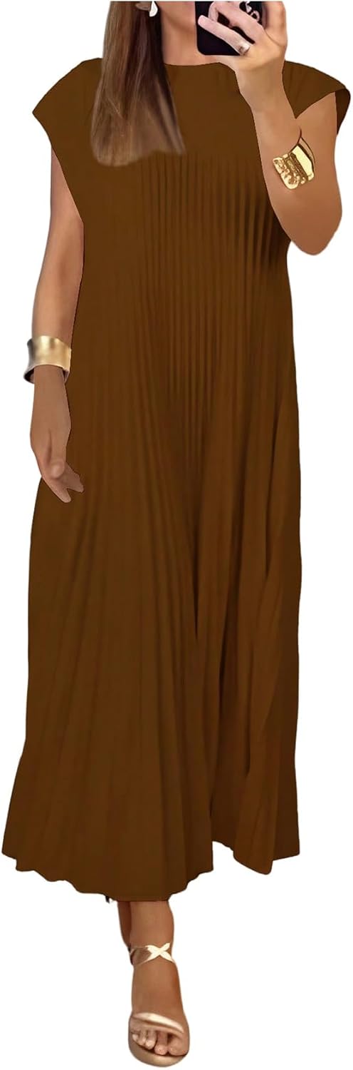 GORGLITTER Women's Pleated Maxi Dresses Church Casual Wedding Guest Outfits | Flowy, Chiffon, Summer Casual, Womens Dress, Cocktail Going Out Dress for Women