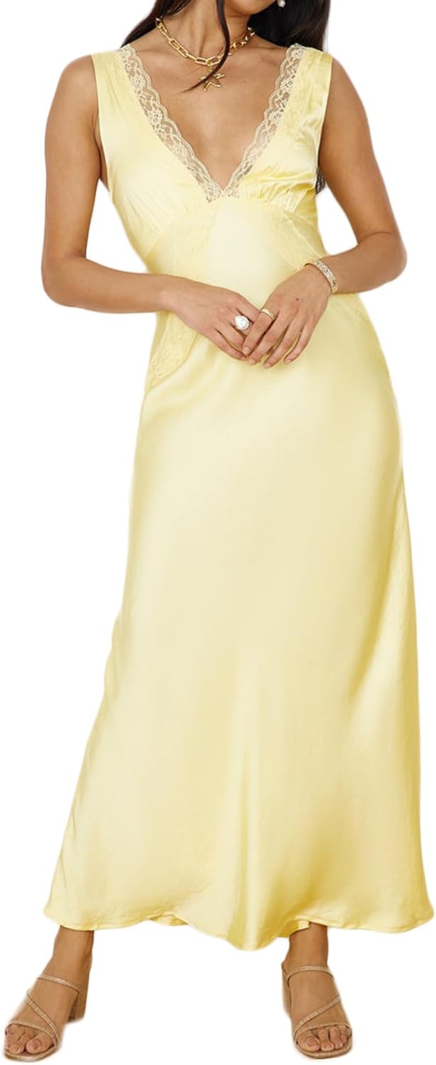 BAGONE Summer Satin Lace V Neck Backless Formal Wedding Guest Maxi Dresses | Silk,Open Back,Sleeveless,Elegant,Cocktail,Bridesmaid,Baby Shower,Party,Prom,Birthday,Vacation,Summer Dresses for Women 2026