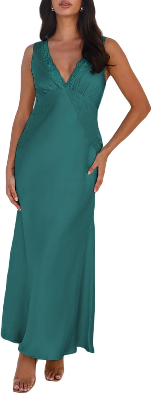 BAGONE Summer Satin Lace V Neck Backless Formal Wedding Guest Maxi Dresses | Silk,Open Back,Sleeveless,Elegant,Cocktail,Bridesmaid,Baby Shower,Party,Prom,Birthday,Vacation,Summer Dresses for Women 2026