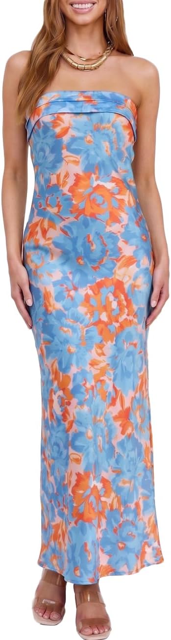 Realtix Summer Satin Strapless Backless Maxi Dress for Women Wedding Guest | Sexy,Silk,Low Back,Hollow Out,Open Back,Elegant,Tube,Cocktail Party,Semi Formal,Birthday,Date Night,vacation,Long Dress