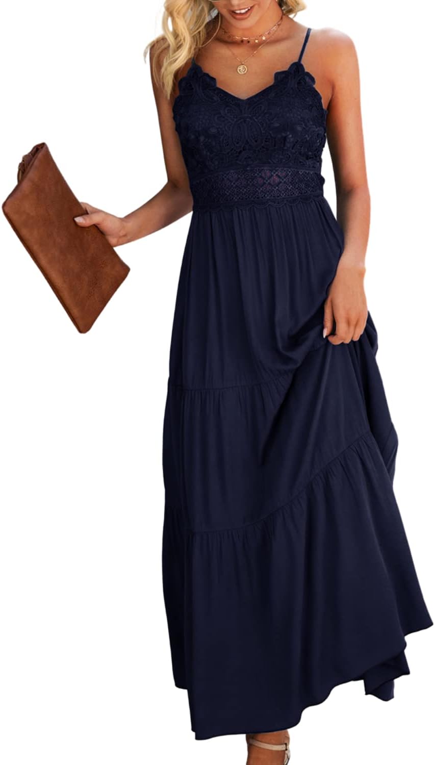 Dokuritu Women's Beach Crochet Lace Maxi Dress Solid Color Summer Vacation Wedding Guest Spaghetti Strap Long Dress