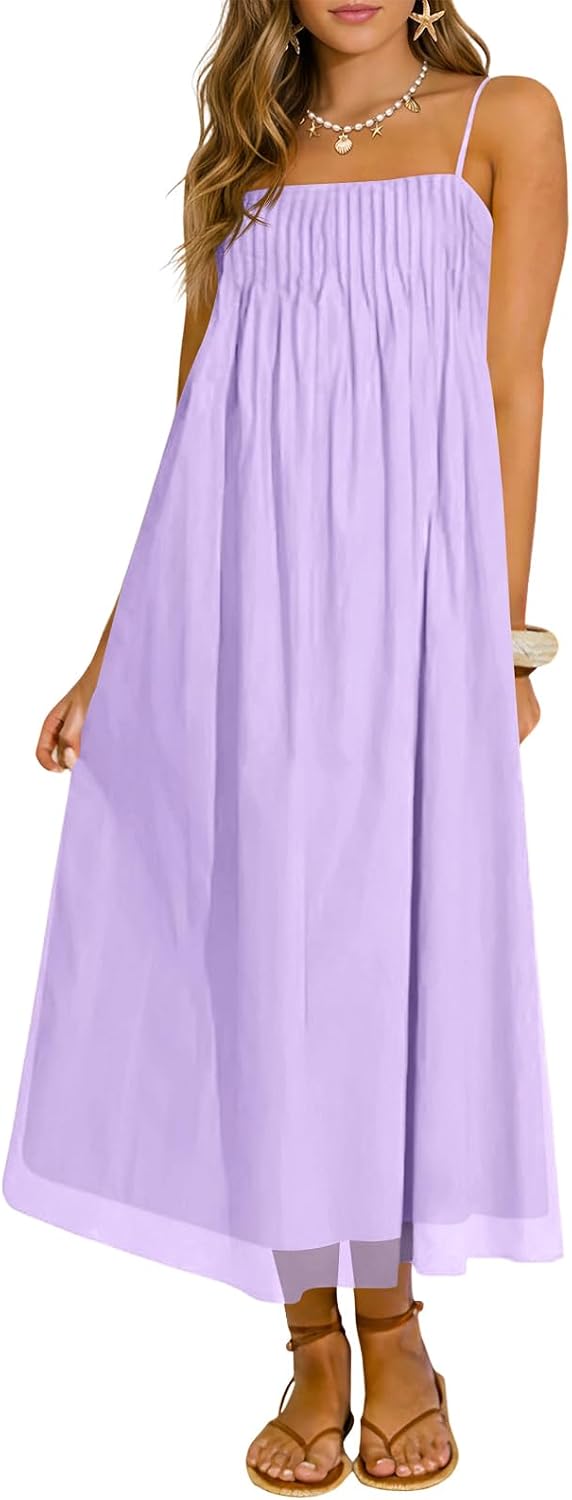Wenrine Women's Summer Boho Maxi Dresses Spaghetti Straps Chiffon Sundress | Beach Vacation, Flowy, Linen, Casual, Loose, Pleated, Sleeveless, Midi Long Dress with Pockets