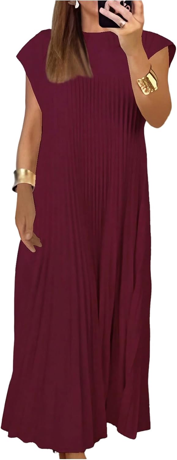 GORGLITTER Women's Pleated Maxi Dresses Church Casual Wedding Guest Outfits | Flowy, Chiffon, Summer Casual, Womens Dress, Cocktail Going Out Dress for Women