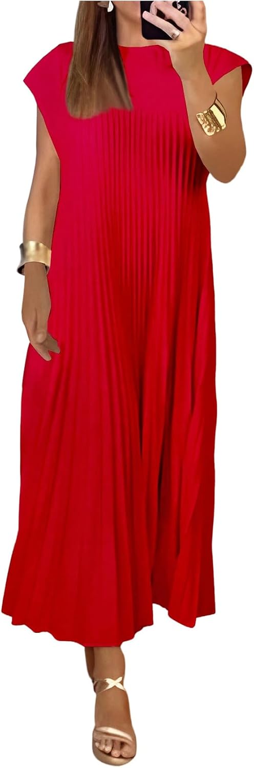 GORGLITTER Women's Pleated Maxi Dresses Church Casual Wedding Guest Outfits | Flowy, Chiffon, Summer Casual, Womens Dress, Cocktail Going Out Dress for Women