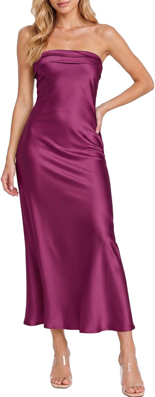 Realtix Summer Satin Strapless Backless Maxi Dress for Women Wedding Guest | Sexy,Silk,Low Back,Hollow Out,Open Back,Elegant,Tube,Cocktail Party,Semi Formal,Birthday,Date Night,vacation,Long Dress