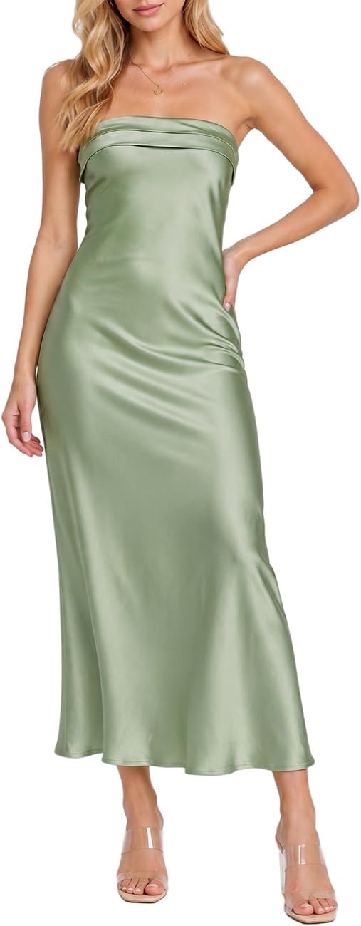 Realtix Summer Satin Strapless Backless Maxi Dress for Women Wedding Guest | Sexy,Silk,Low Back,Hollow Out,Open Back,Elegant,Tube,Cocktail Party,Semi Formal,Birthday,Date Night,vacation,Long Dress