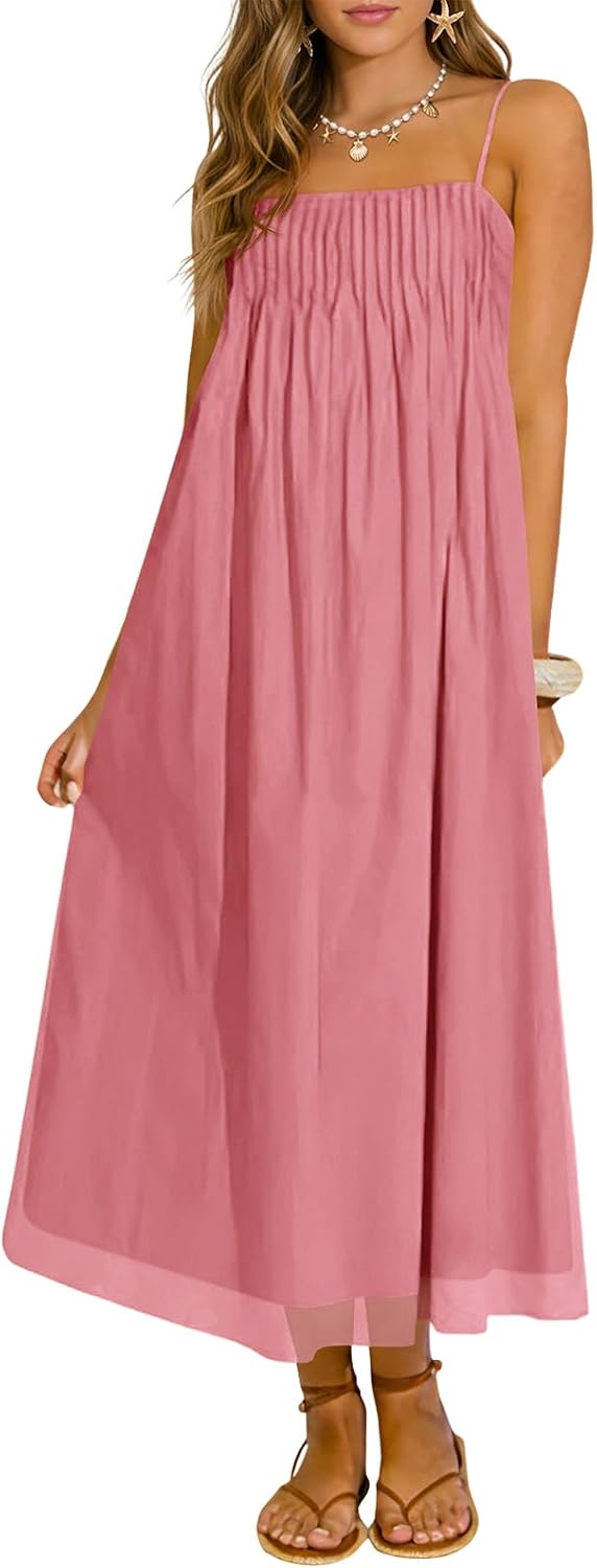 Wenrine Women's Summer Boho Maxi Dresses Spaghetti Straps Chiffon Sundress | Beach Vacation, Flowy, Linen, Casual, Loose, Pleated, Sleeveless, Midi Long Dress with Pockets