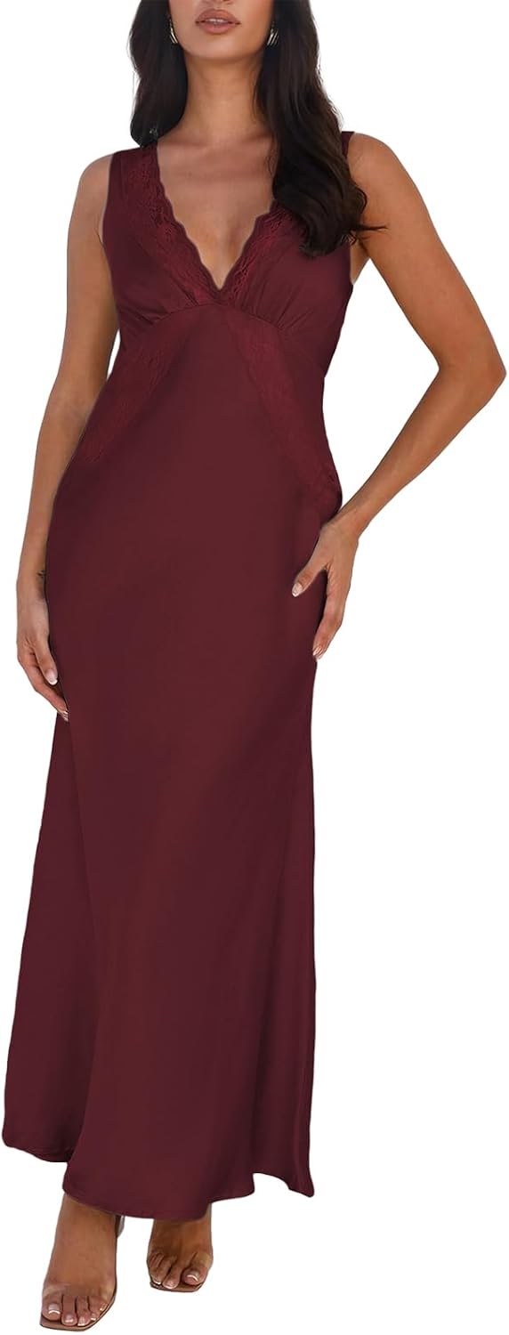 BAGONE Summer Satin Lace V Neck Backless Formal Wedding Guest Maxi Dresses | Silk,Open Back,Sleeveless,Elegant,Cocktail,Bridesmaid,Baby Shower,Party,Prom,Birthday,Vacation,Summer Dresses for Women 2026