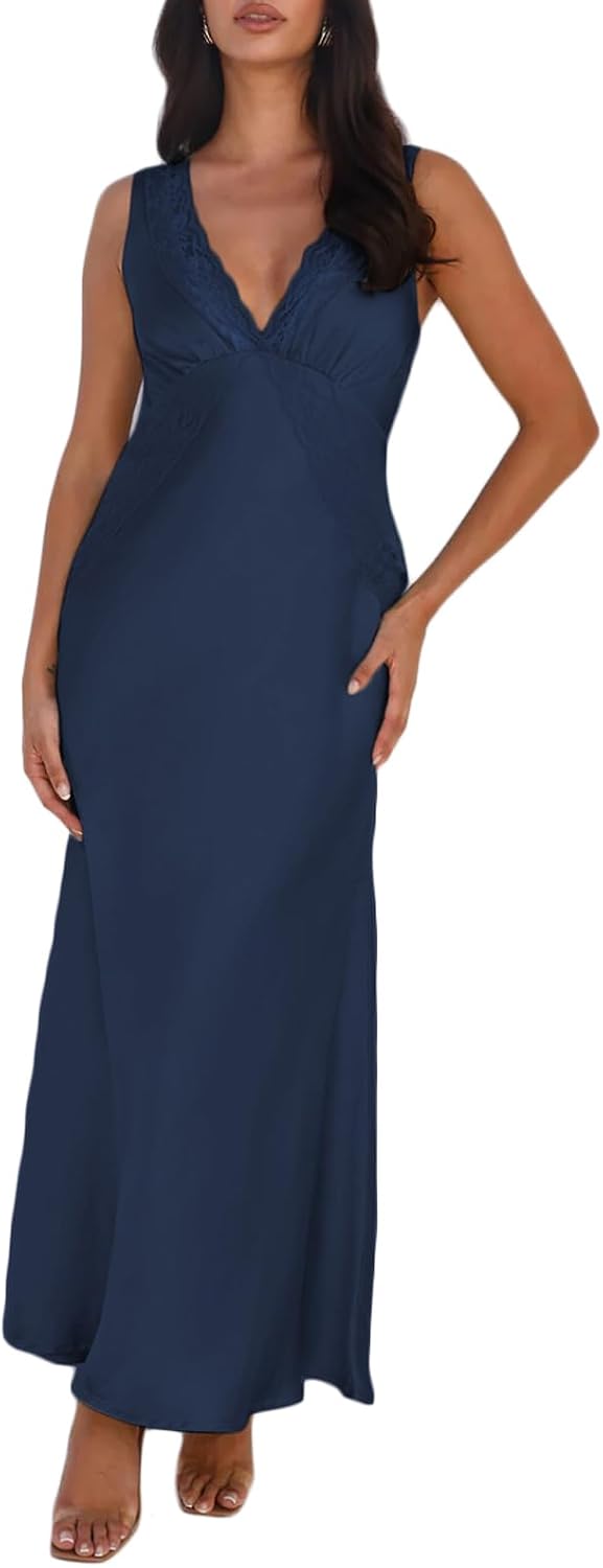BAGONE Summer Satin Lace V Neck Backless Formal Wedding Guest Maxi Dresses | Silk,Open Back,Sleeveless,Elegant,Cocktail,Bridesmaid,Baby Shower,Party,Prom,Birthday,Vacation,Summer Dresses for Women 2026
