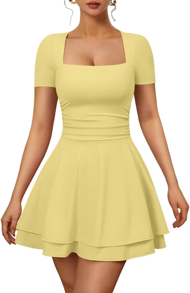 Square-Neck Short-Sleeve Tiered Mini Dress in Yellow