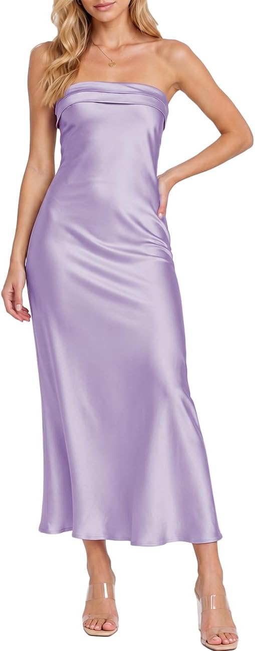 Realtix Summer Satin Strapless Backless Maxi Dress for Women Wedding Guest | Sexy,Silk,Low Back,Hollow Out,Open Back,Elegant,Tube,Cocktail Party,Semi Formal,Birthday,Date Night,vacation,Long Dress