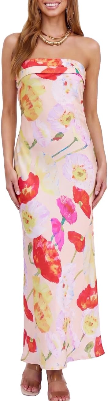 Realtix Summer Satin Strapless Backless Maxi Dress for Women Wedding Guest | Sexy,Silk,Low Back,Hollow Out,Open Back,Elegant,Tube,Cocktail Party,Semi Formal,Birthday,Date Night,vacation,Long Dress