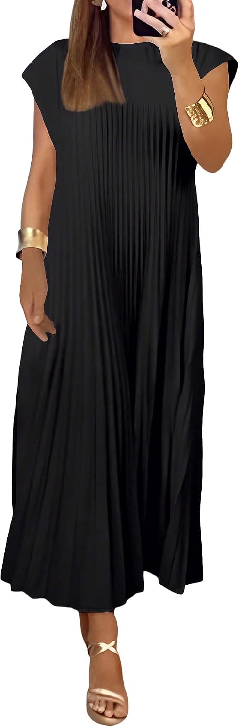 GORGLITTER Women's Pleated Maxi Dresses Church Casual Wedding Guest Outfits | Flowy, Chiffon, Summer Casual, Womens Dress, Cocktail Going Out Dress for Women