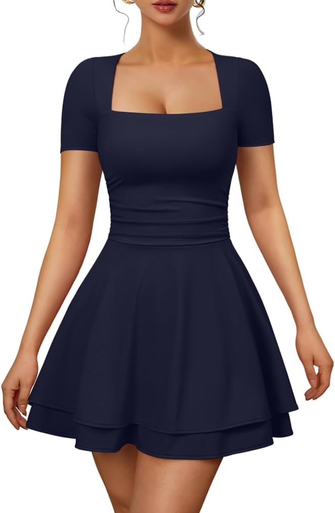 Square-Neck Short-Sleeve Tiered Mini Dress in Navy