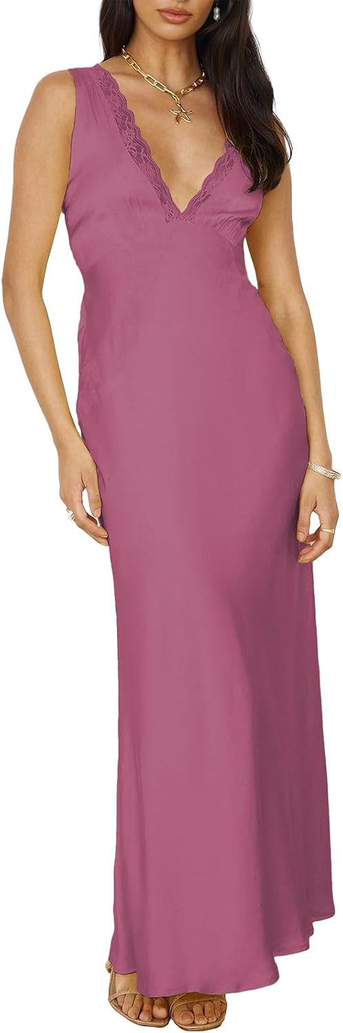 BAGONE Summer Satin Lace V Neck Backless Formal Wedding Guest Maxi Dresses | Silk,Open Back,Sleeveless,Elegant,Cocktail,Bridesmaid,Baby Shower,Party,Prom,Birthday,Vacation,Summer Dresses for Women 2026