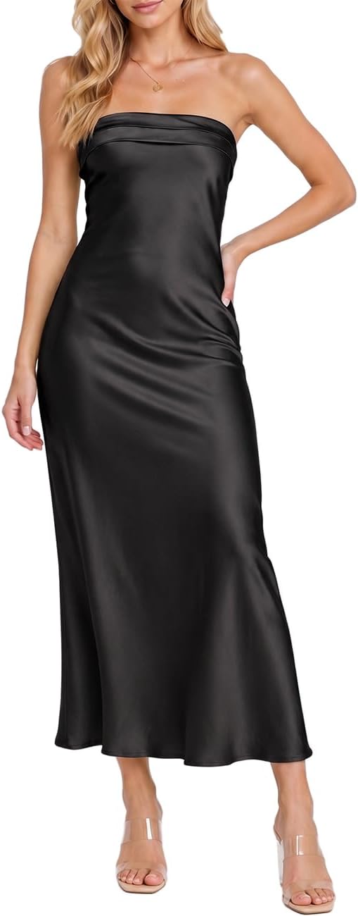 Realtix Summer Satin Strapless Backless Maxi Dress for Women Wedding Guest | Sexy,Silk,Low Back,Hollow Out,Open Back,Elegant,Tube,Cocktail Party,Semi Formal,Birthday,Date Night,vacation,Long Dress