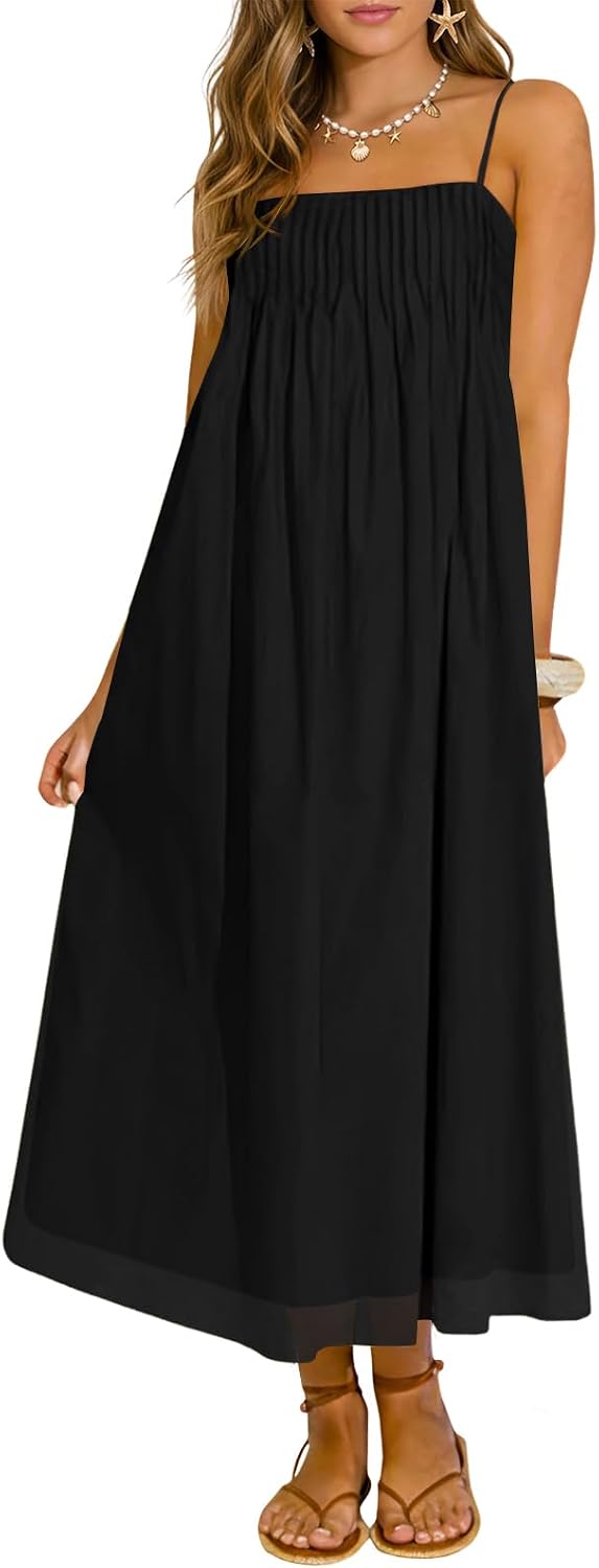Wenrine Women's Summer Boho Maxi Dresses Spaghetti Straps Chiffon Sundress | Beach Vacation, Flowy, Linen, Casual, Loose, Pleated, Sleeveless, Midi Long Dress with Pockets