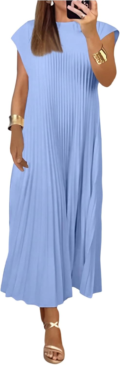 GORGLITTER Women's Pleated Maxi Dresses Church Casual Wedding Guest Outfits | Flowy, Chiffon, Summer Casual, Womens Dress, Cocktail Going Out Dress for Women