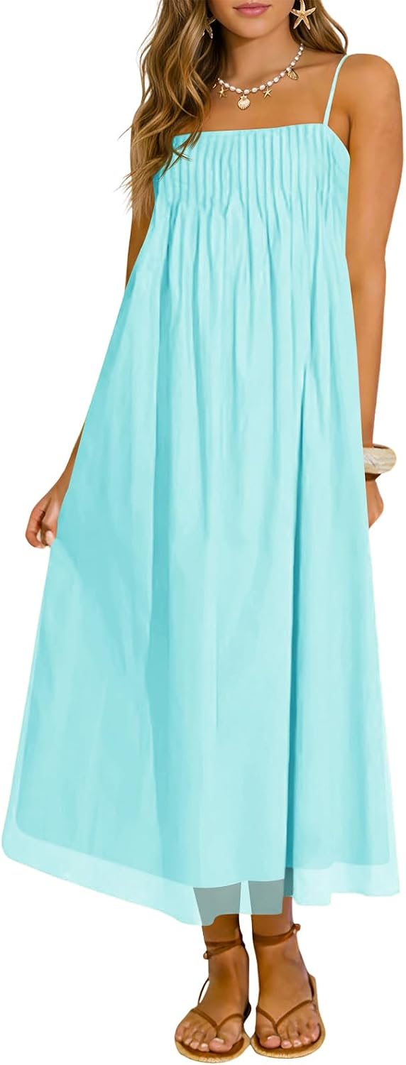 Wenrine Women's Summer Boho Maxi Dresses Spaghetti Straps Chiffon Sundress | Beach Vacation, Flowy, Linen, Casual, Loose, Pleated, Sleeveless, Midi Long Dress with Pockets
