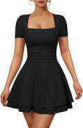 XXTAXN Womens Sexy Square Neck Short Sleeve Flowy Club Mini Dress | Ruched Tiered, Ruffle Hem,Party Cocktail Birthday,Graduation Homecoming,Wedding Guest.Vacation Valentines Halloween, Church