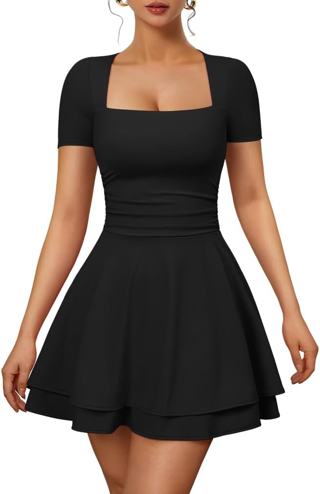 XXTAXN Womens Sexy Square Neck Short Sleeve Flowy Club Mini Dress | Ruched Tiered, Ruffle Hem,Party Cocktail Birthday,Graduation Homecoming,Wedding Guest.Vacation Valentines Halloween, Church