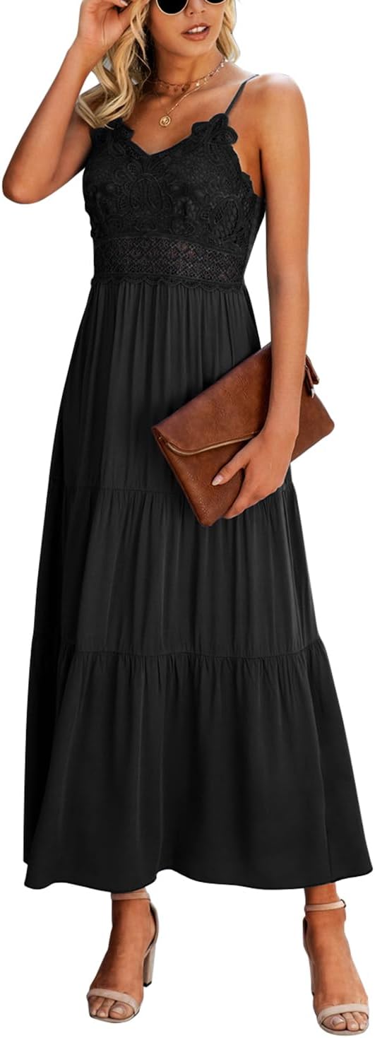 Dokuritu Women's Beach Crochet Lace Maxi Dress Solid Color Summer Vacation Wedding Guest Spaghetti Strap Long Dress