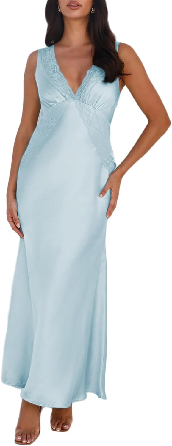 BAGONE Summer Satin Lace V Neck Backless Formal Wedding Guest Maxi Dresses | Silk,Open Back,Sleeveless,Elegant,Cocktail,Bridesmaid,Baby Shower,Party,Prom,Birthday,Vacation,Summer Dresses for Women 2026