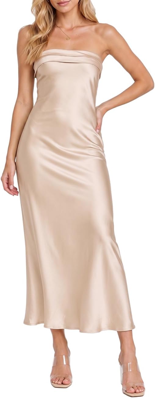 Realtix Summer Satin Strapless Backless Maxi Dress for Women Wedding Guest | Sexy,Silk,Low Back,Hollow Out,Open Back,Elegant,Tube,Cocktail Party,Semi Formal,Birthday,Date Night,vacation,Long Dress